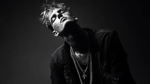 Monochrome low‑key portrait of tattooed youth in leather jacket