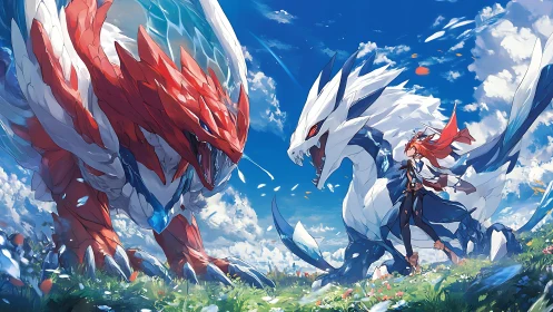 Skyfield standoff with twin elemental dragons and lone rider.