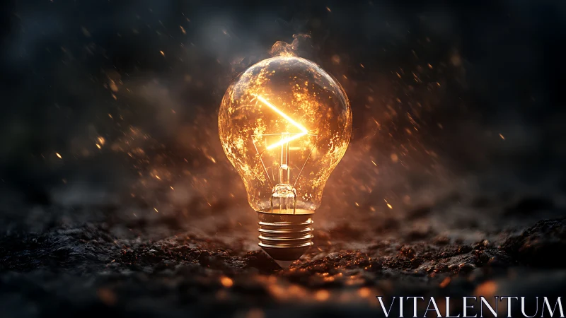 Glowing lightbulb burns bright against dark, as sparks swirl