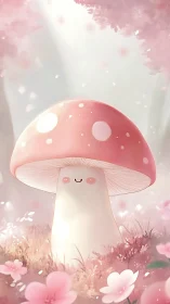 Smiling pastel mushroom basking in a dreamy blossom meadow.