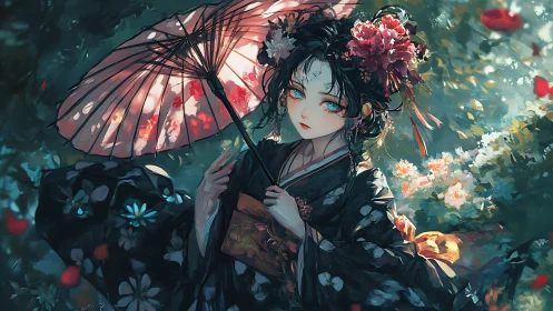 Elegant kimono maiden beneath a glowing paper parasol.