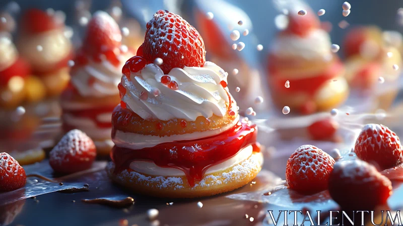 Strawberry shortcake stacks with whipped cream, bokeh droplets
