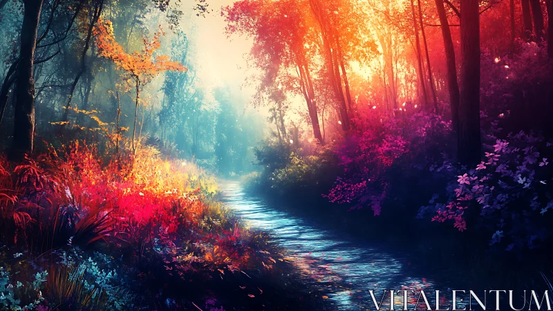 Chromatic Forest Stream With Luminous Canopy Diffusion