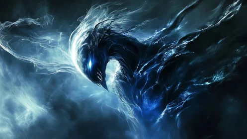 Abstract luminous avian entity in swirling blue plasma field.