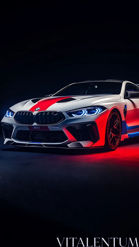 Track-spec BMW coupe under tri-chromatic LED accent lighting.