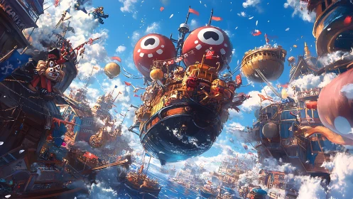 Floating steampunk airship fleet in dense sky harbor scene.