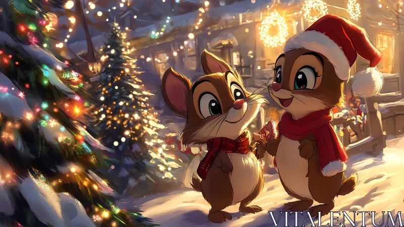 Anthropomorphic chipmunks in stylized winter scene share illuminated gift