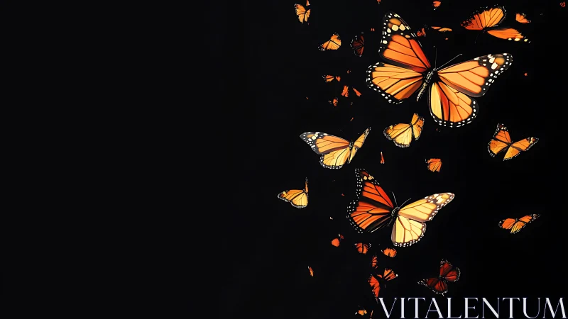 Monarch butterflies drift upward against deep black night.