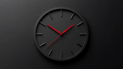 Minimalist black wall clock with bold red hands in focus.