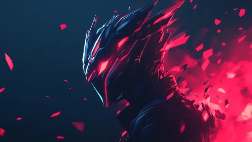 Cybernetic warrior shatters through neon embers in void
