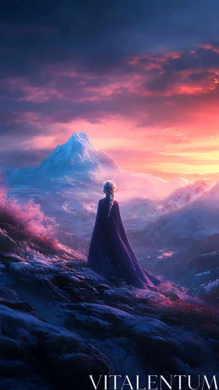Cloaked dreamer watching sunrise crown a crystal mountain.