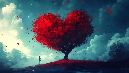 Solitary Figure Observing Heart-Shaped Tree Formation.