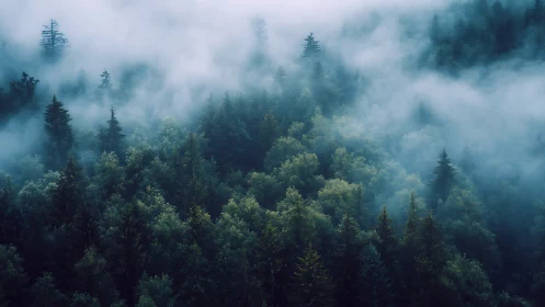 Coniferous forest landscape obscured by atmospheric fog and mist