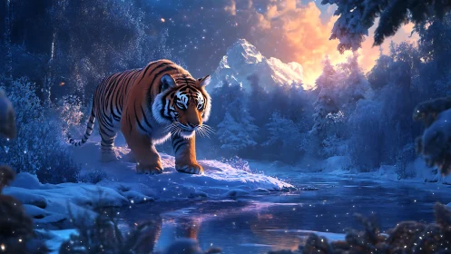 Tiger moves along frozen riverbank under winter sunset light