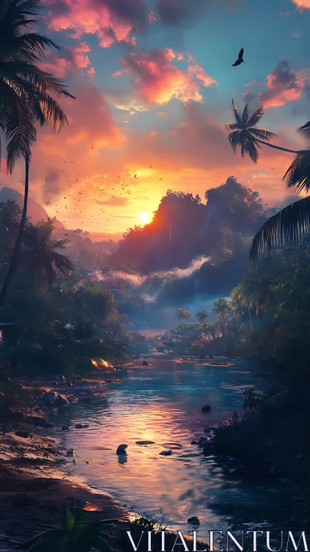 Aurora-kissed jungle river dreams under blazing tropic dusk.