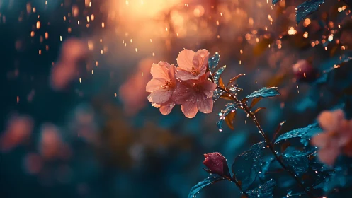 Peach flowers with raindrops backlit by golden light.