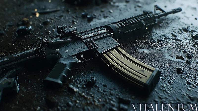 Midnight rifle rests quietly on rain-slick battlefield floor