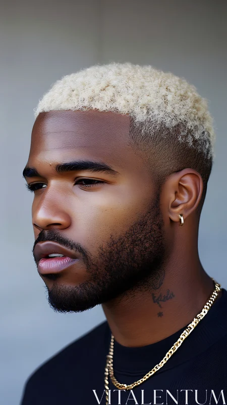 Profile portrait of man with platinum curls in soft focus