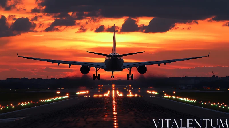 Passenger jet lands against a blazing sunset sky at dusk