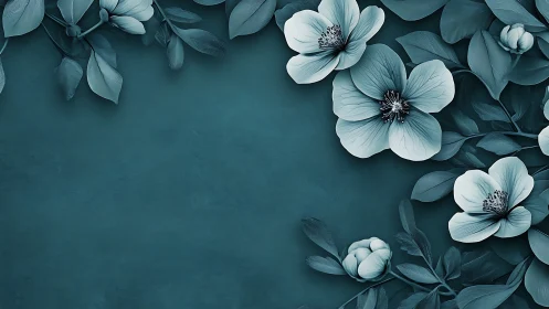 Monochrome teal floral border frames negative space with depth
