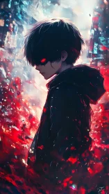 Crimson-eyed urban wraith strolling through neon embers.