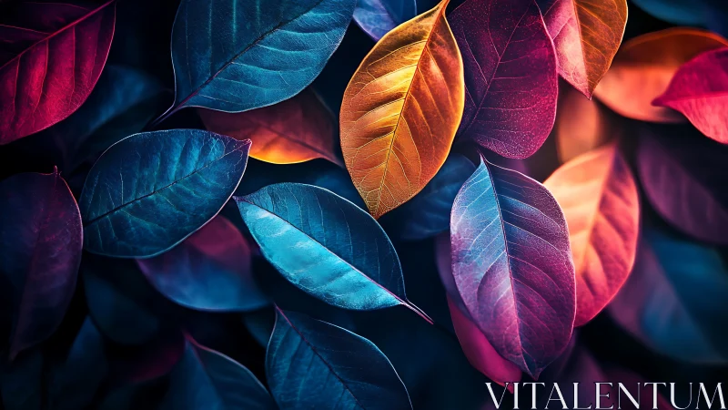 Dream-bright forest leaves glowing in midnight colors.