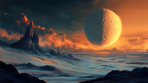 Colossal crescent moon over frozen alien dunes at dusk.