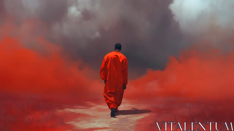 Solitary figure walks through dense red fog on path