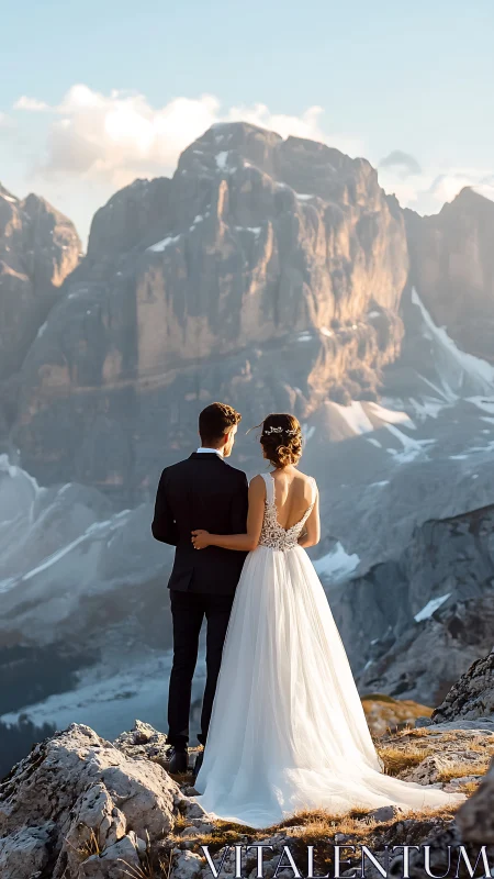 Mountain-kissed wedding duet gazing toward forever cliffs.