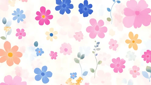 Colorful Floral Pattern with Scattered Blooms and Stems