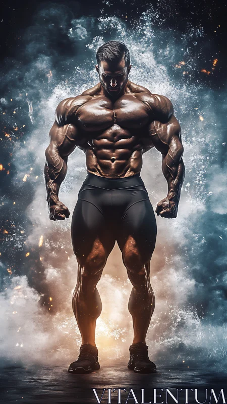 Muscular bodybuilder stands in dramatic backlit smoke cloud