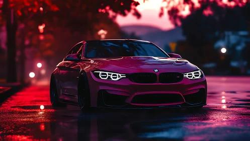 Sleek pink sports car glowing on a dreamy sunset street.