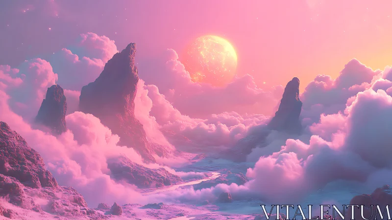Dreamy cotton-candy cliffs under a glowing pastel moon.