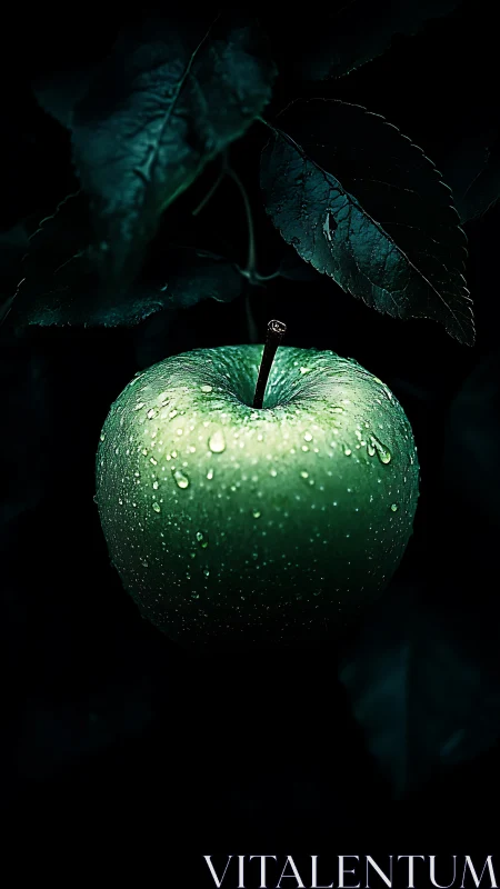 Midnight orchard apple glows with cold emerald droplets