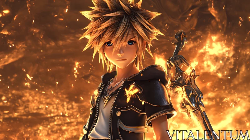 Cel-shaded warrior stands against volumetric fire with ornate blade