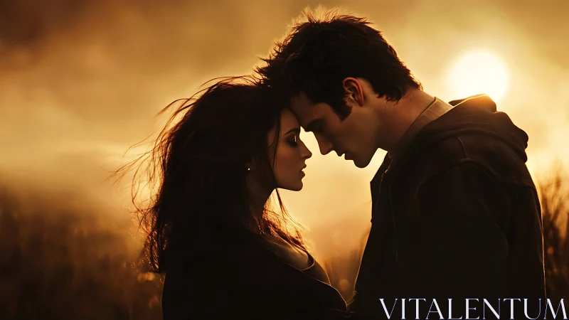 Silhouetted couple shares intimate moment at golden sunset.