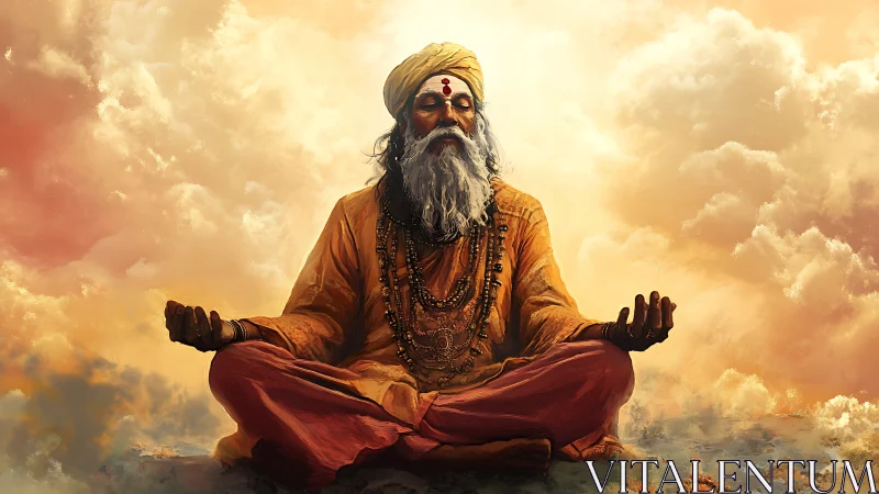Serene yogi in radiant clouds, luminous digital meditation.