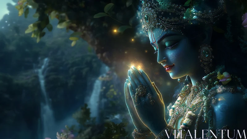 Moonlit deity cradles a firefly prayer between jeweled hands