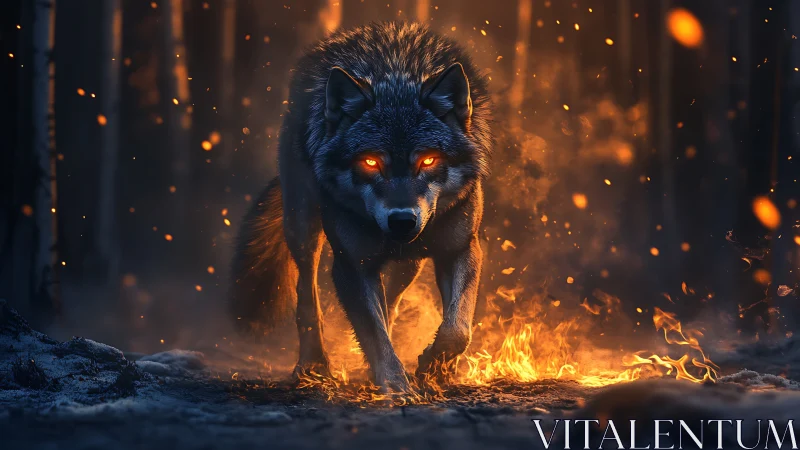 Embers illuminate a glowing-eyed wolf emerging through forest fire