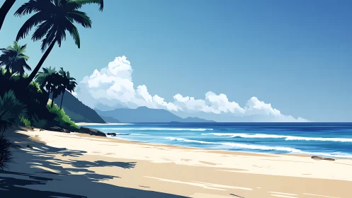 Tropical Beach Paradise with Palm Trees and Mountain Coastline.