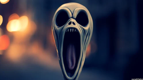 Elongated spectral scream head in cinematic bokeh nightscape.