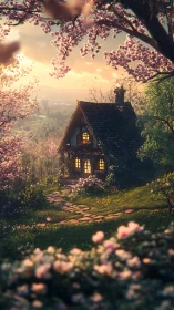 Cottage sits under blooming trees in warm sunset lighting