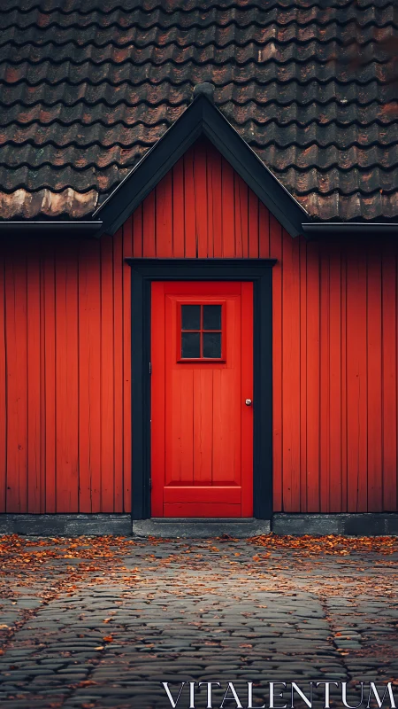 Red wooden door with tiled roof and autumn cobblestones.