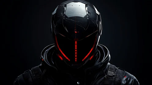 Tactical cybernetic operator helmet with red visor array.