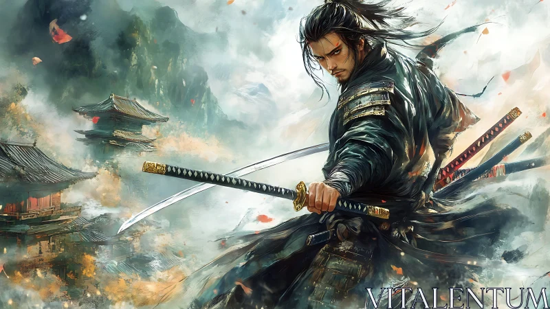 Storm-wreathed samurai carves silence through painted thunder