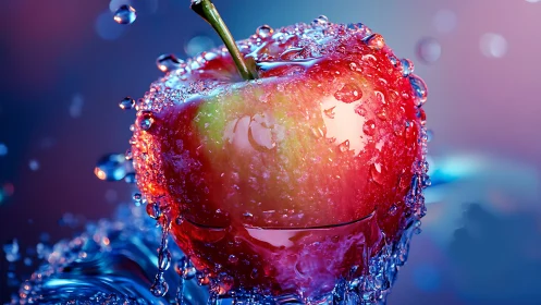 Glowing red apple erupts through splashing crystal water.