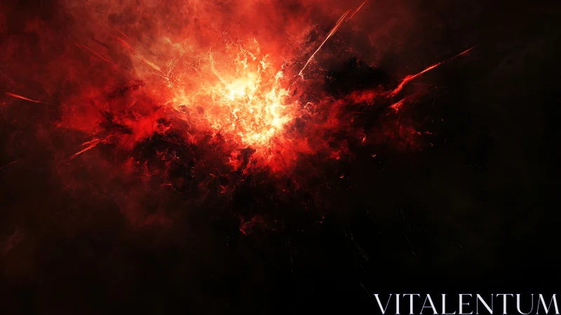 Explosive burst with radiant core and dispersing particles in darkness