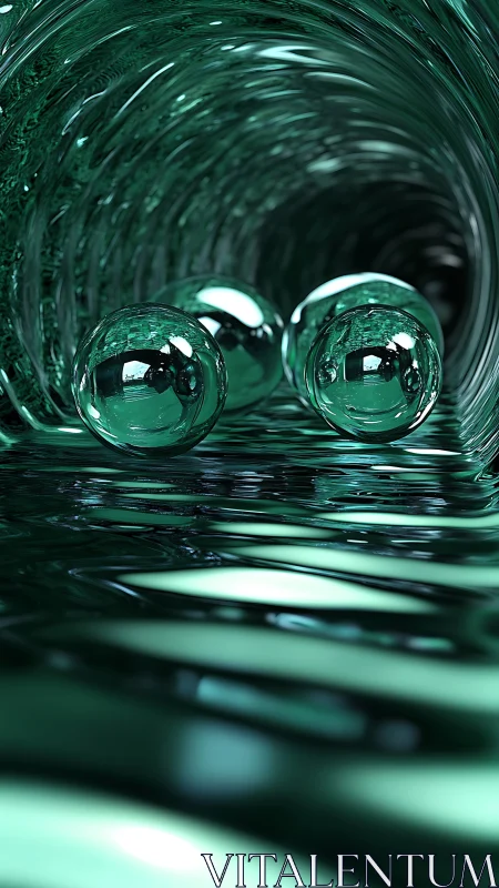 Glass orbs surf a liquid tunnel of emerald reflections
