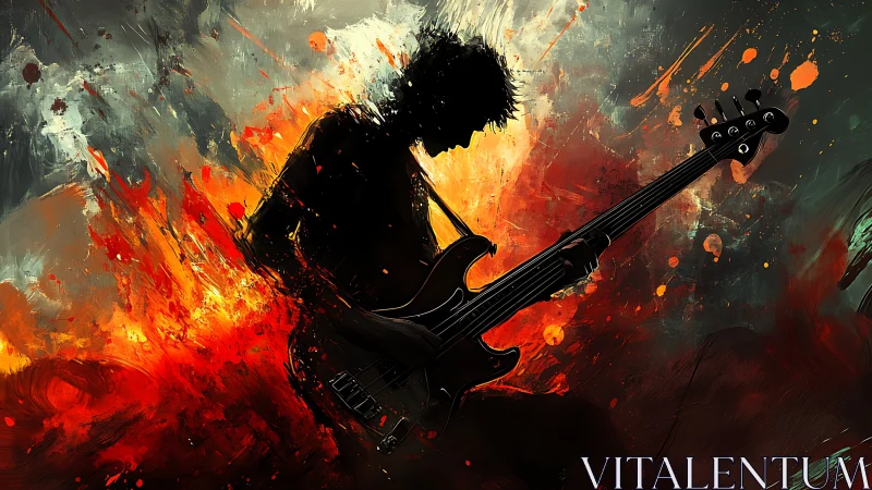 Silhouette bassist ignites abstract inferno color storm.