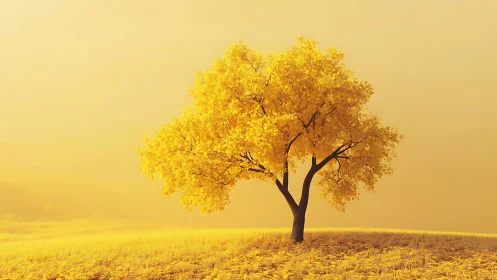 Solitary golden tree stands in luminous monochrome fieldscape